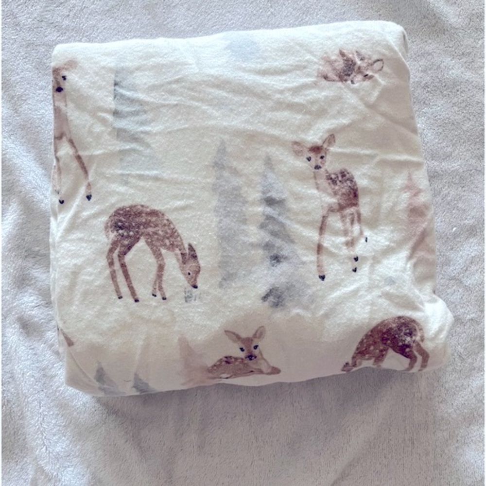 Pottery barn kids 
Woodland Fawn Flannel Crib Fitted Sheet